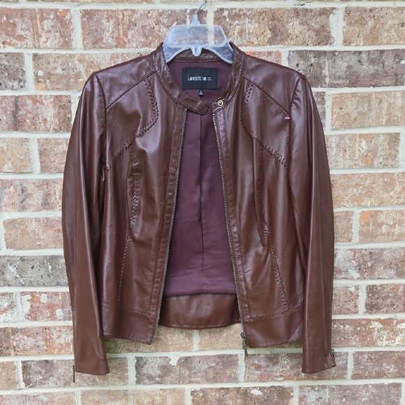 Lafayette 148 New York Brown Leather Jacket Fitted Silhouette Design Size 4 - Picture 2 of 7